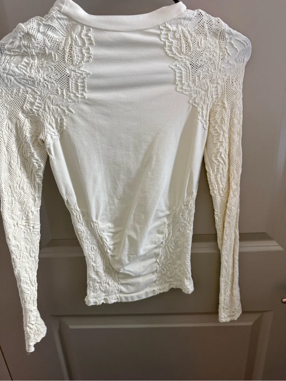 Free People Cream Lace-Inset Long Sleeve Top